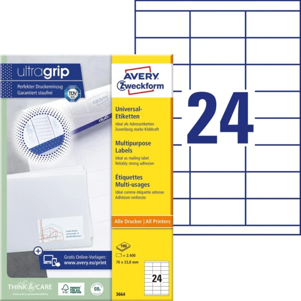 Etikett AVERY Ultragrip 70x33,8mm (2400)
