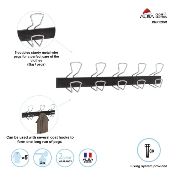 Klesknagg ALBA 5 kroker 76cm sort/metal