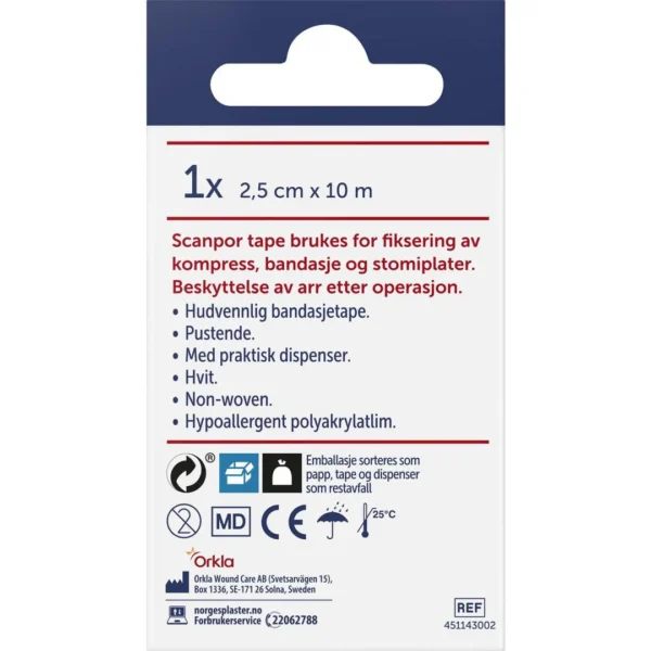 Tape Scanpor m/disp. 2,5cmx10m hvit