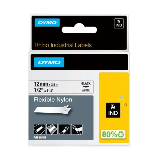 Tape DYMO Rhino nylon sort/hvit 12mm