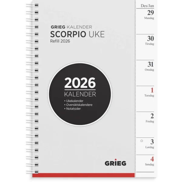 Ukekalender GRIEG Scorpio A5 2026 refill