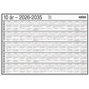 Platekalender GRIEG A4 10 år 2026-2035