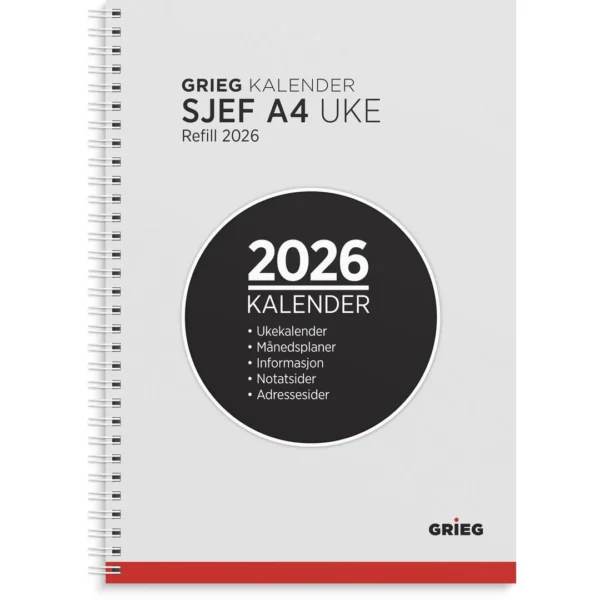 Sjefskalender GRIEG A4 2026 refill