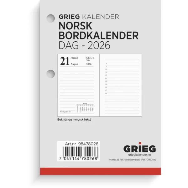 Bordkalender GRIEG 2026 Norsk
