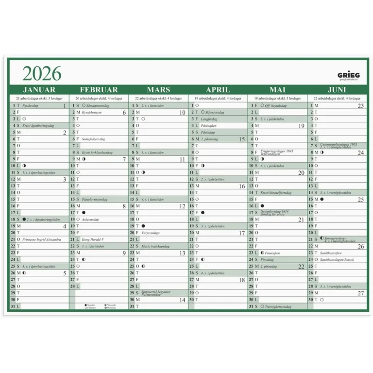 Platekalender GRIEG A3 2026 enkel