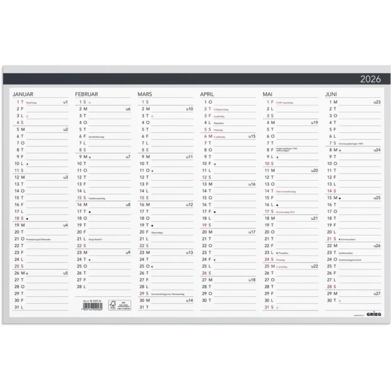 Platekalender Elegant GRIEG 2026 60x40cm