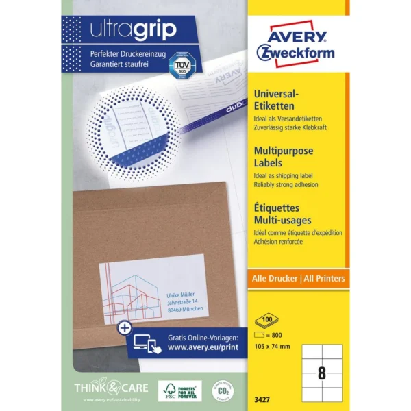 Etikett AVERY Ultragrip 105x74mm (800)