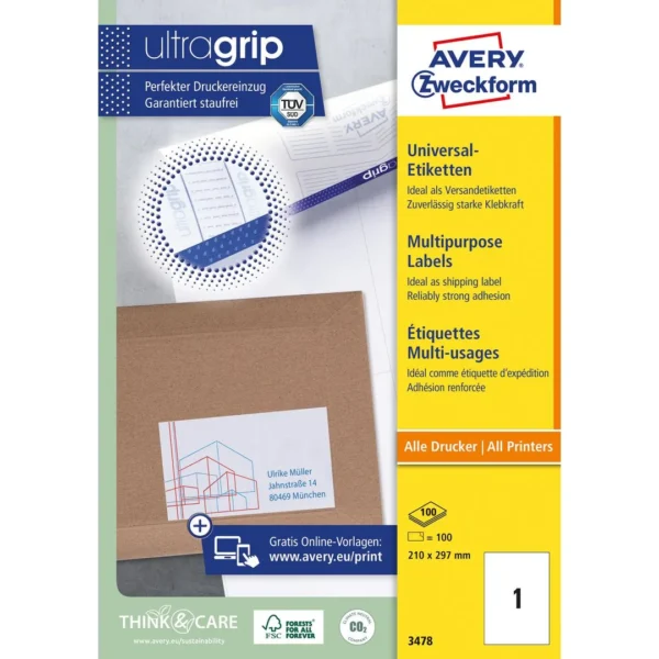 Etikett AVERY Ultragrip 210x297mm (100)