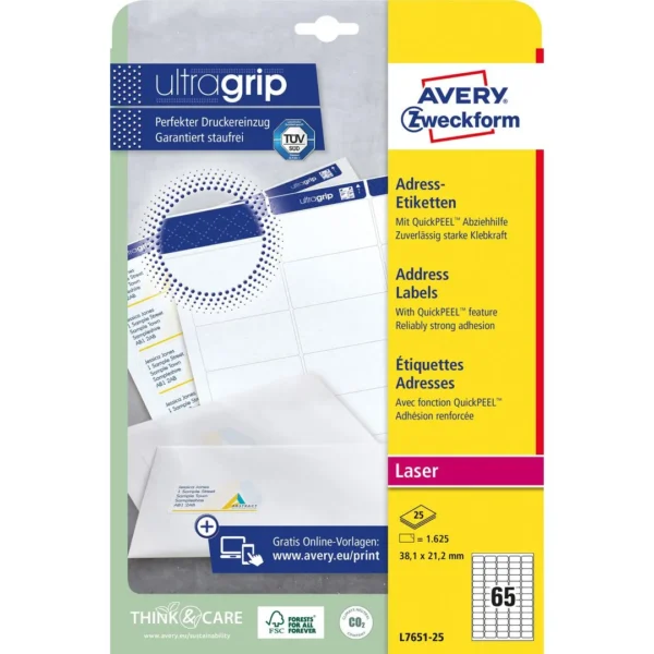 Etikett AVERY mini laser 38,1x21,2(1625)
