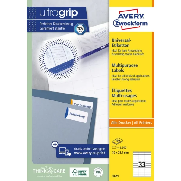 Etikett AVERY Ultragrip 70x25,4mm (3300)