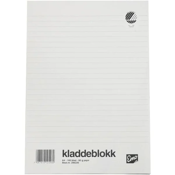 Kladdeblokk EMO A4 60g 100 blad linjer
