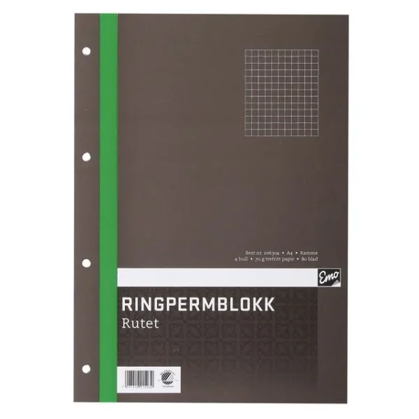 Ringpermblokk EMO A4 70g 80bl ruter