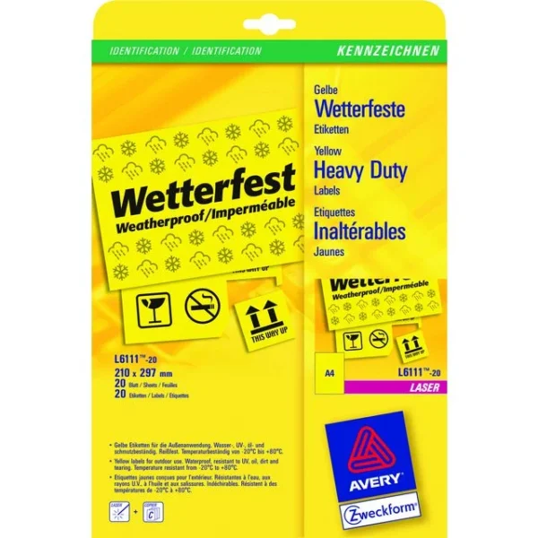 Etikett AVERY polyester 210x297 gul (20)