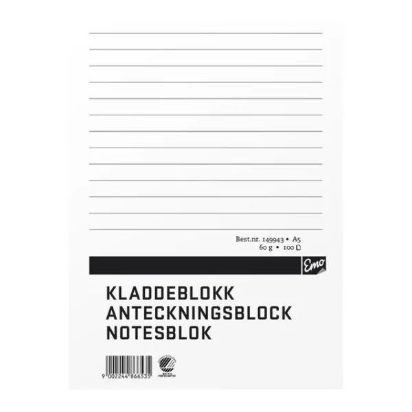 Kladdeblokk EMO A5 60g 100 blad linjer