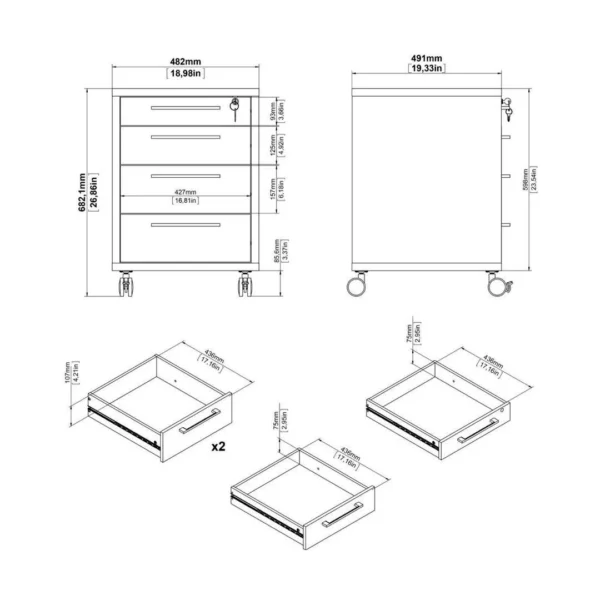Skuffeseksjon PRIMA m/hjul 4 sk hvit