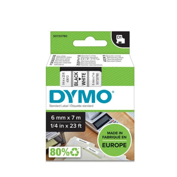 Tape DYMO D1 6mm x 7m sort/hvit