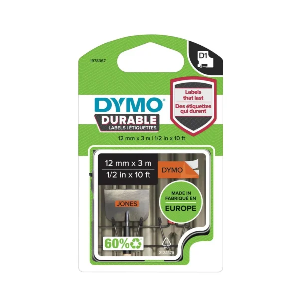 Tape DYMO D1 12mm x 3m sort/orange