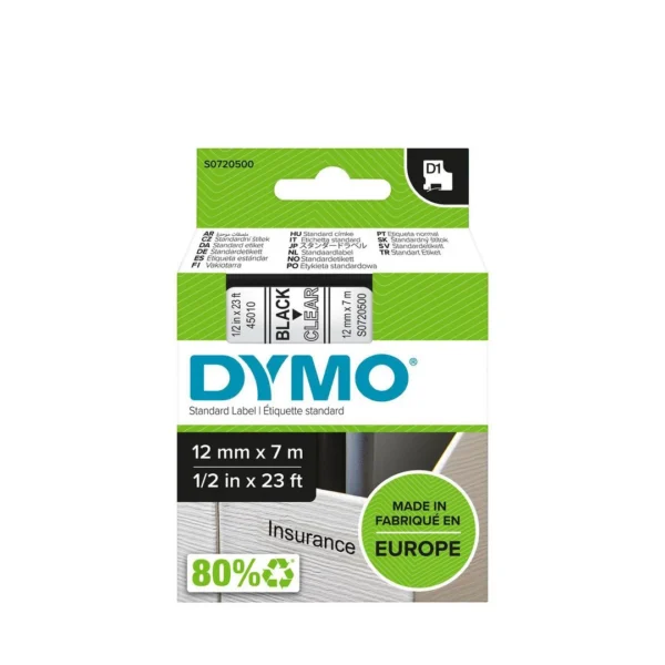 Tape DYMO D1 12mm x 7m sort/klar