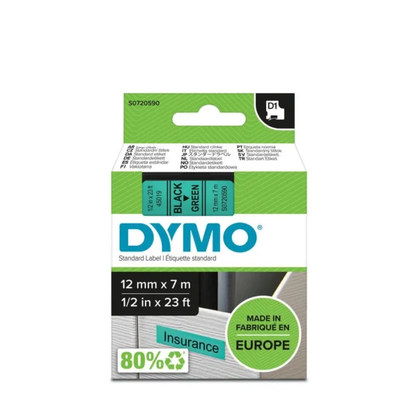 Tape DYMO D1 12mmx 7m sort/grønn