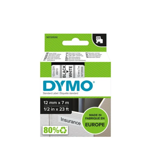 Tape DYMO D1 12mm x 7m sort/hvit