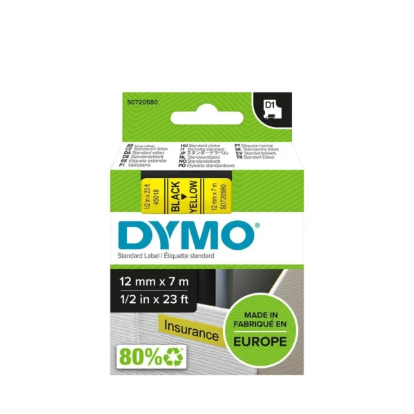Tape DYMO D1 12mm x 7m sort/gul
