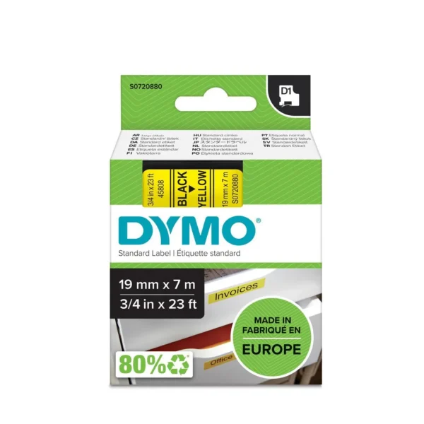 Tape DYMO D1 19mm x 7m sort/gul