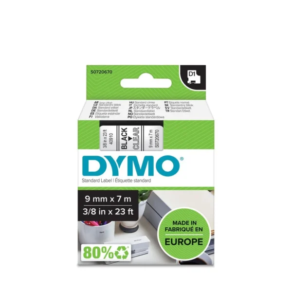 Tape DYMO D1 9mm x 7m sort/klar