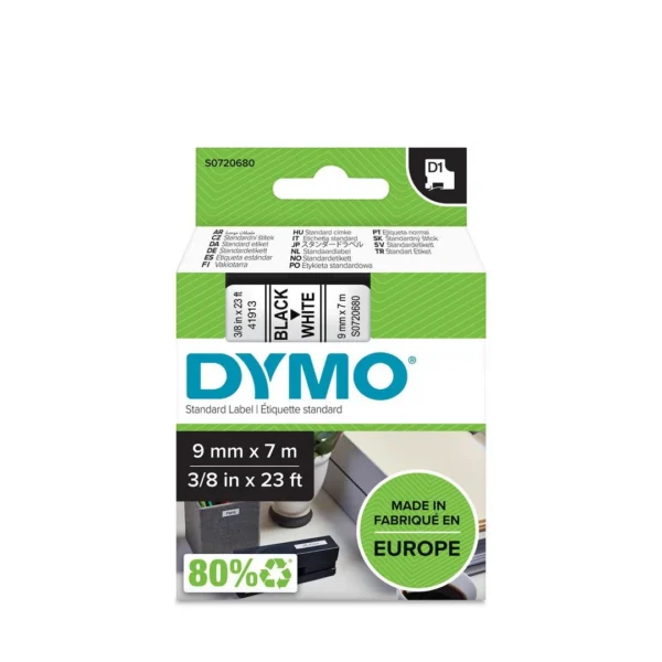 Tape DYMO D1 9mm x 7m sort/hvit