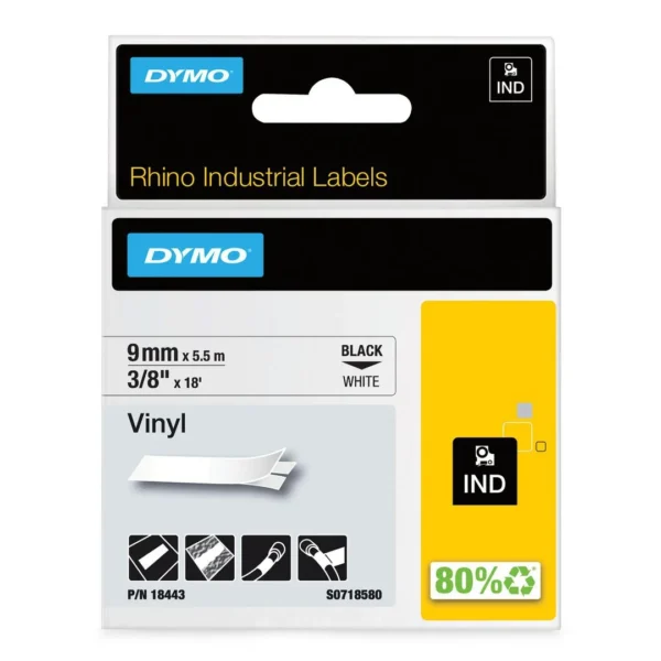 Tape DYMO Rhino vinyl 9mm x5,5m sort/hv.