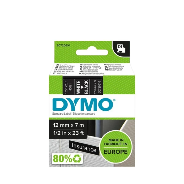 Tape DYMO D1 12mm x 7m hvit/sort
