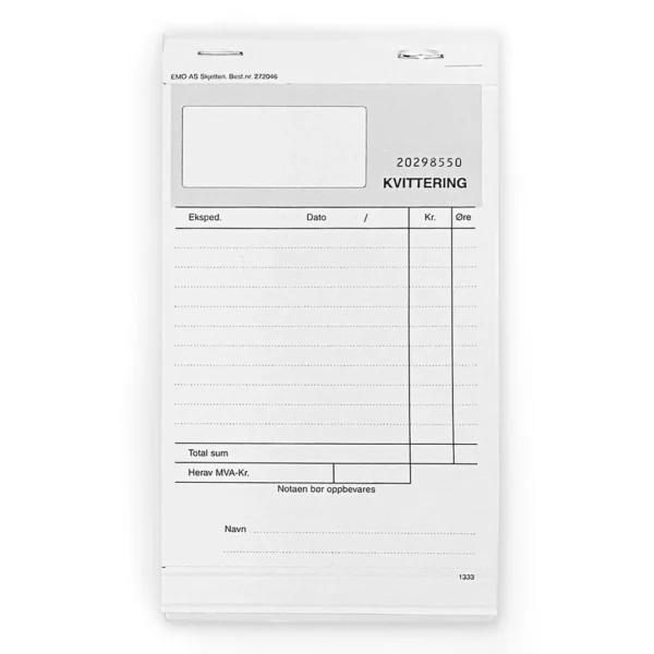 Kvitteringsblokk EMO 10,2x15 2ex selvkop