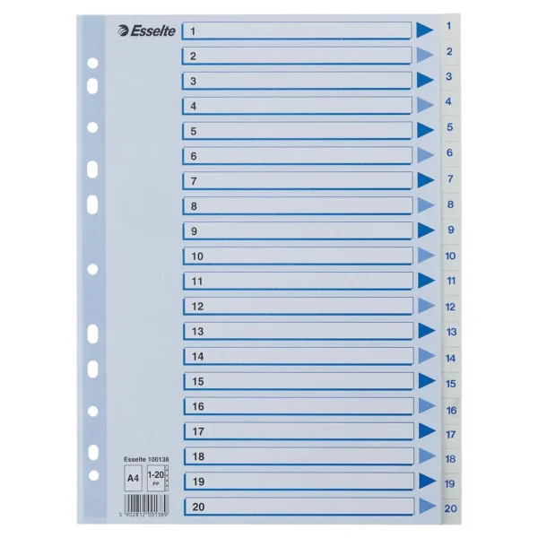 Register ESSELTE A4 plast 1-20 blå/hvit