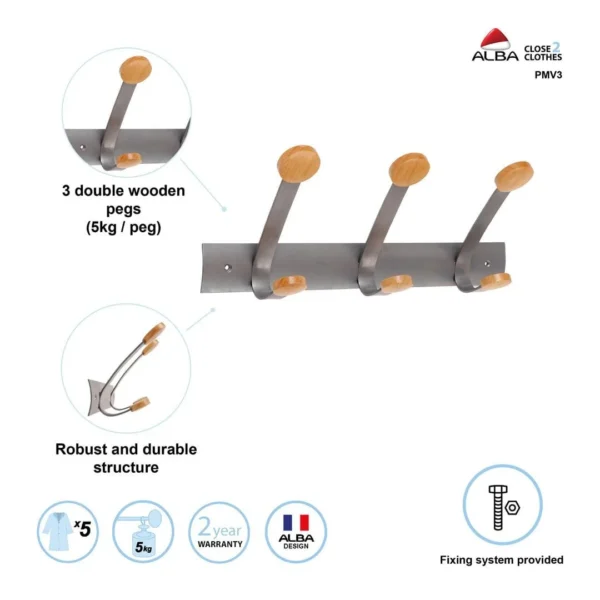 Klesknagg ALBA 3 kroker 46cm tre/metall