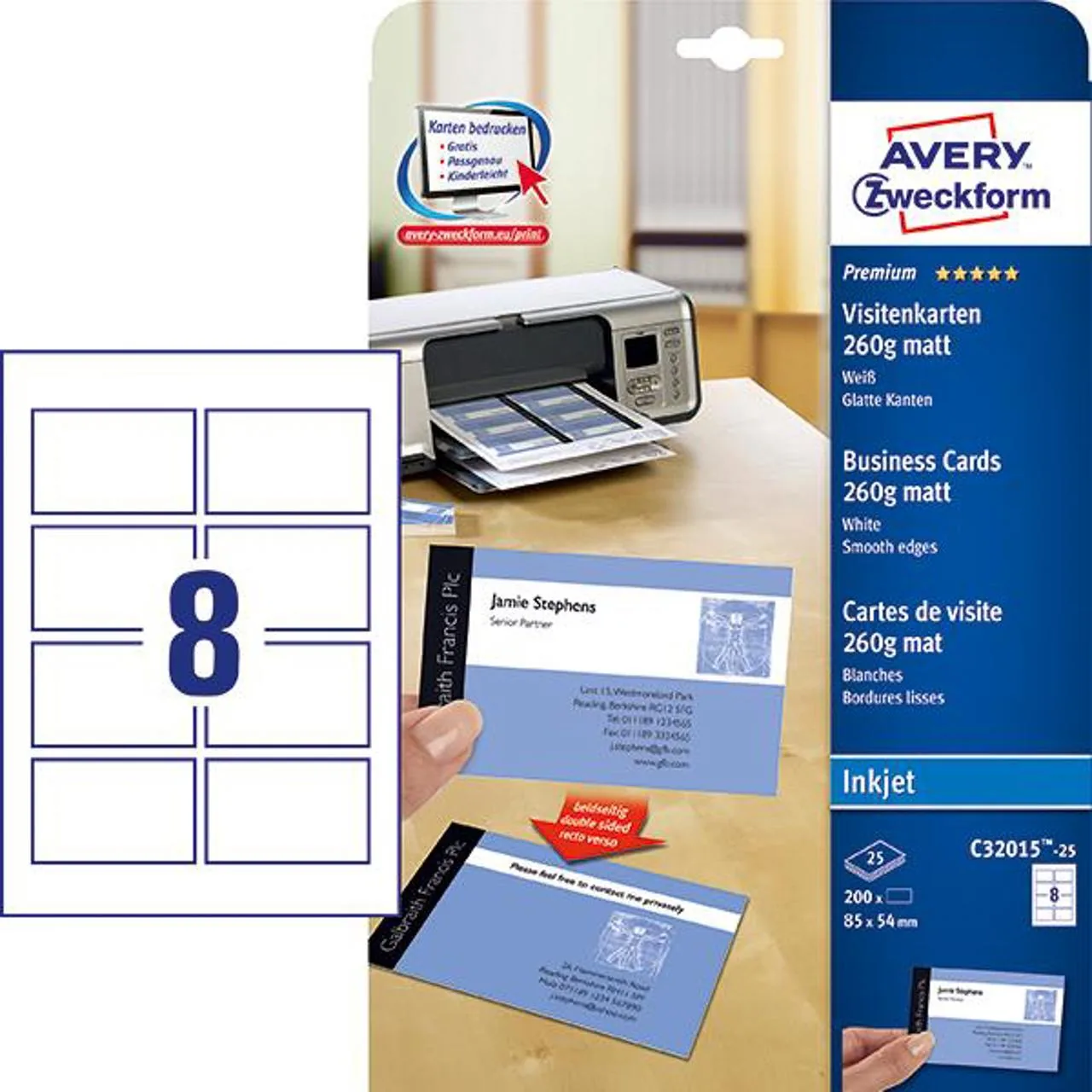 Visittkort AVERY inkjet 85x54 260g (200)