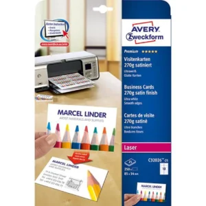 Visittkort AVERY 85x54mm matt hvit (250)