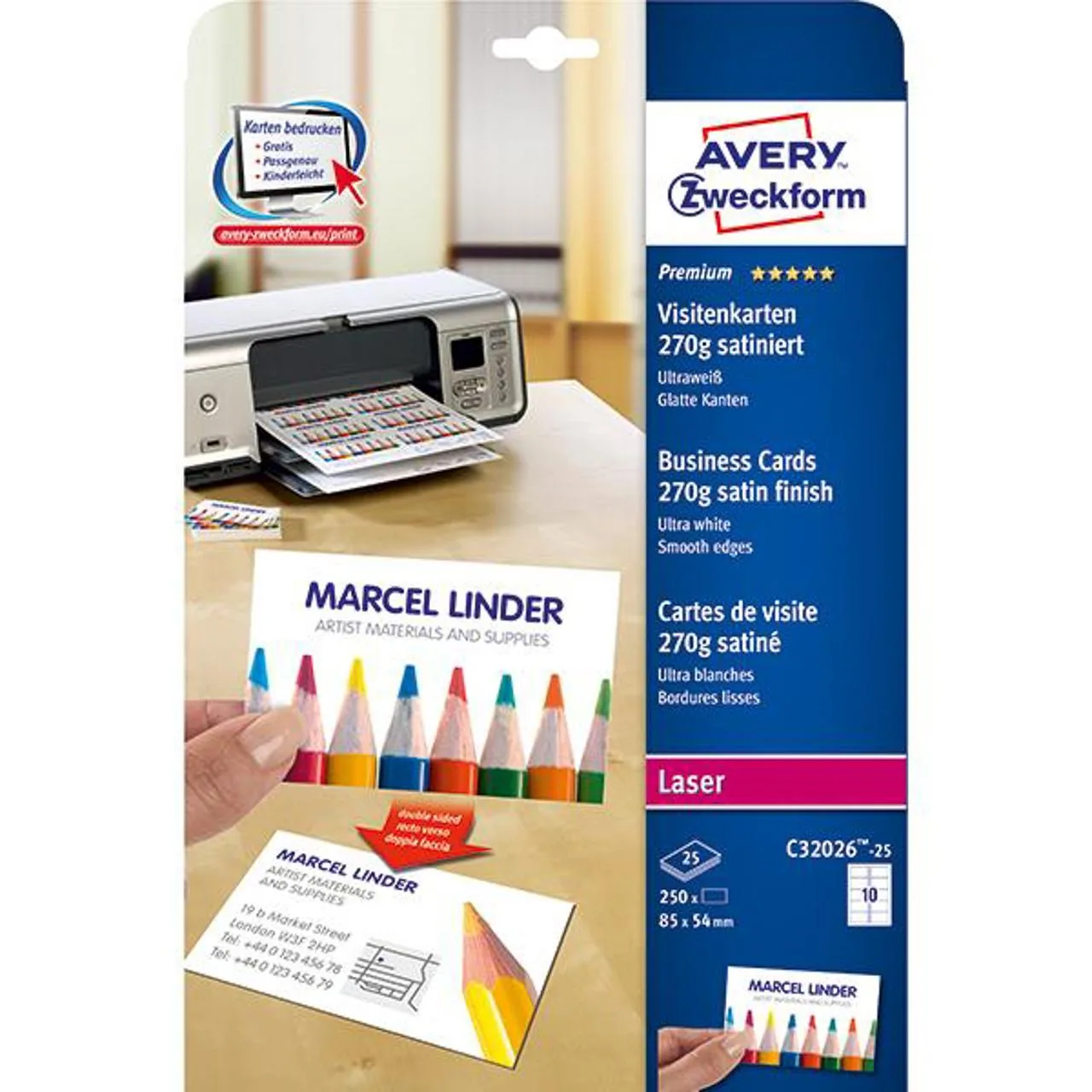 Visittkort AVERY 85x54mm matt hvit (250)