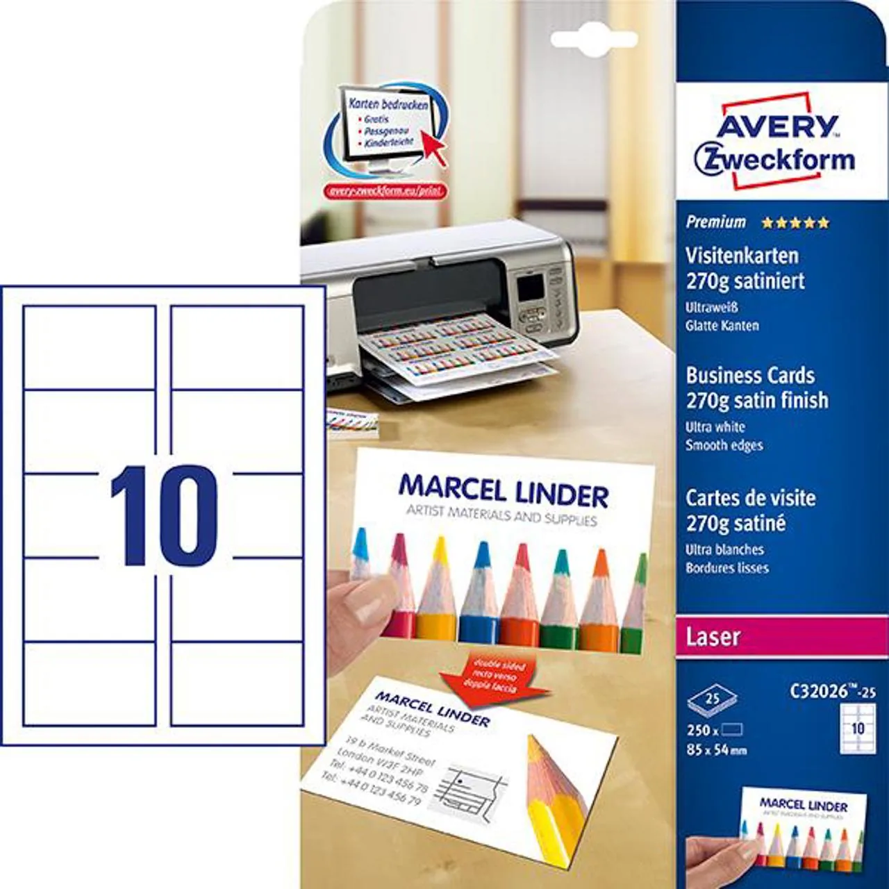 Visittkort AVERY 85x54mm matt hvit (250)